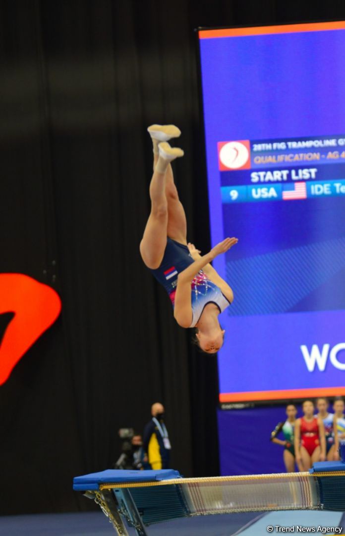 Milli Gimnastika Arenasında Batut Gimnastikası üzrə Dünya Yaş Qrupları Yarışları davam edir (FOTO)