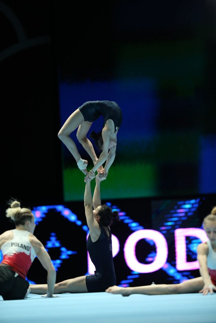 Bakıda akrobatika gimnastikası üzrə dünya çempionatı iştirakçılarının podium məşqi keçirilib (FOTOREPORTAJ)