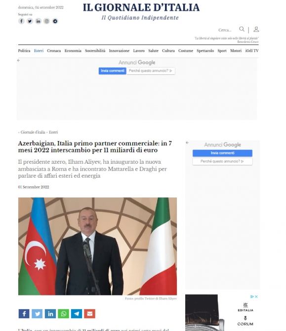 Prezident İlham Əliyevin İtaliyaya səfəri bu ölkənin mətbuatının böyük diqqət mərkəzində olub (FOTO)