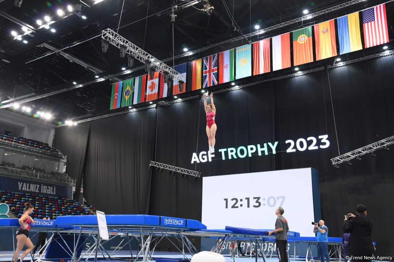 Milli Gimnastika Arenasında batut gimnastikası üzrə Dünya Kuboku iştirakçılarının podium məşqləri keçirilir (FOTOREPORTAJ)