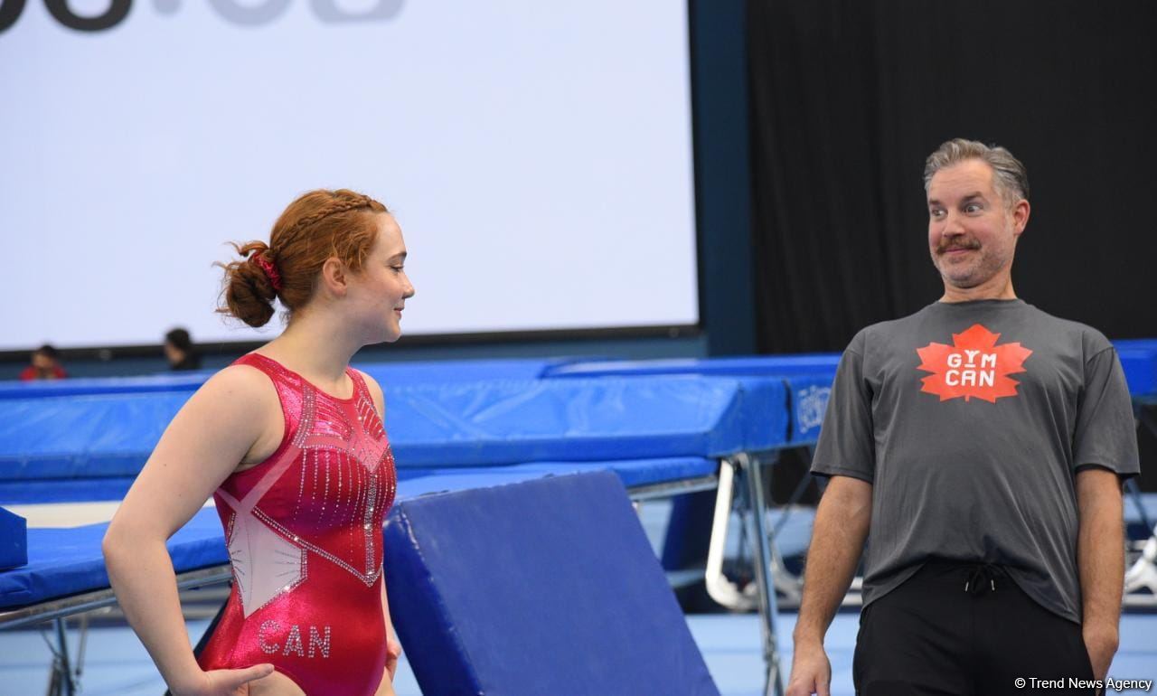 Milli Gimnastika Arenasında batut gimnastikası üzrə Dünya Kuboku iştirakçılarının podium məşqləri keçirilir (FOTOREPORTAJ)
