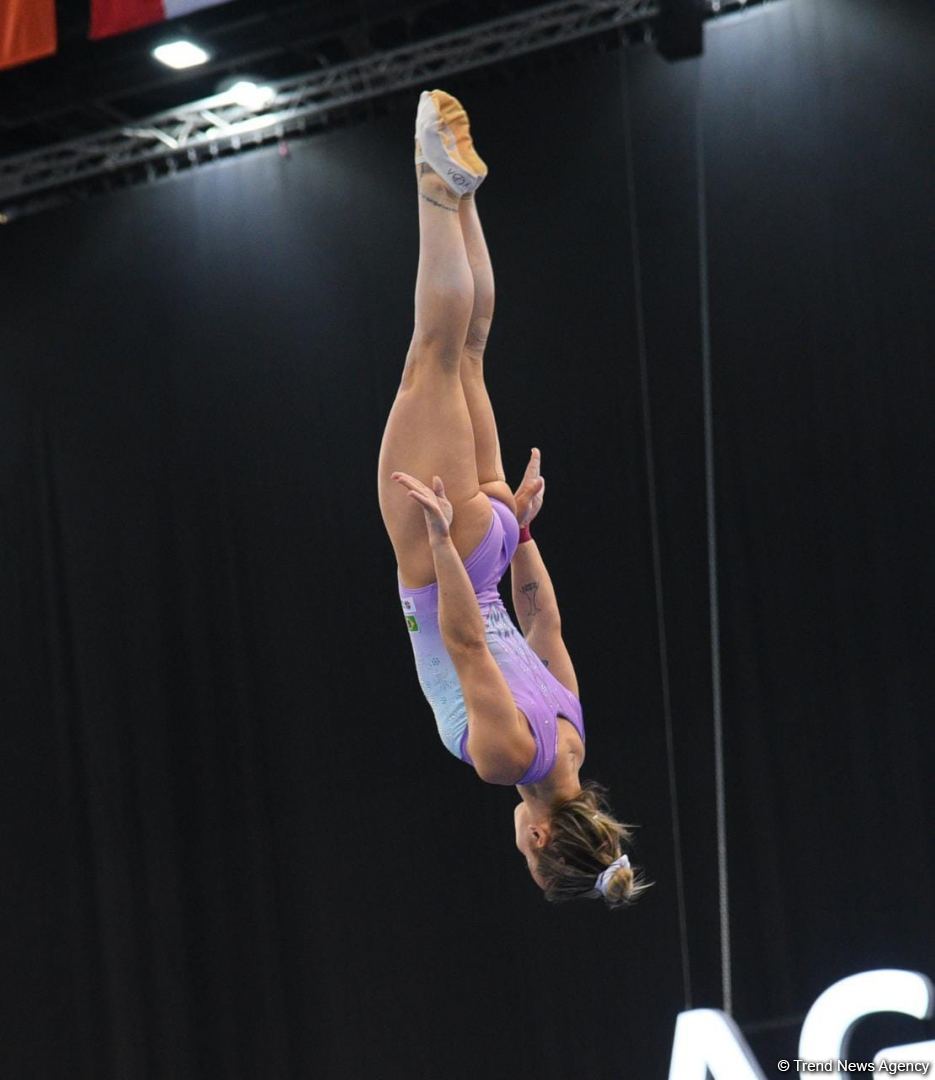 Milli Gimnastika Arenasında batut gimnastikası üzrə Dünya Kuboku iştirakçılarının podium məşqləri keçirilir (FOTOREPORTAJ)