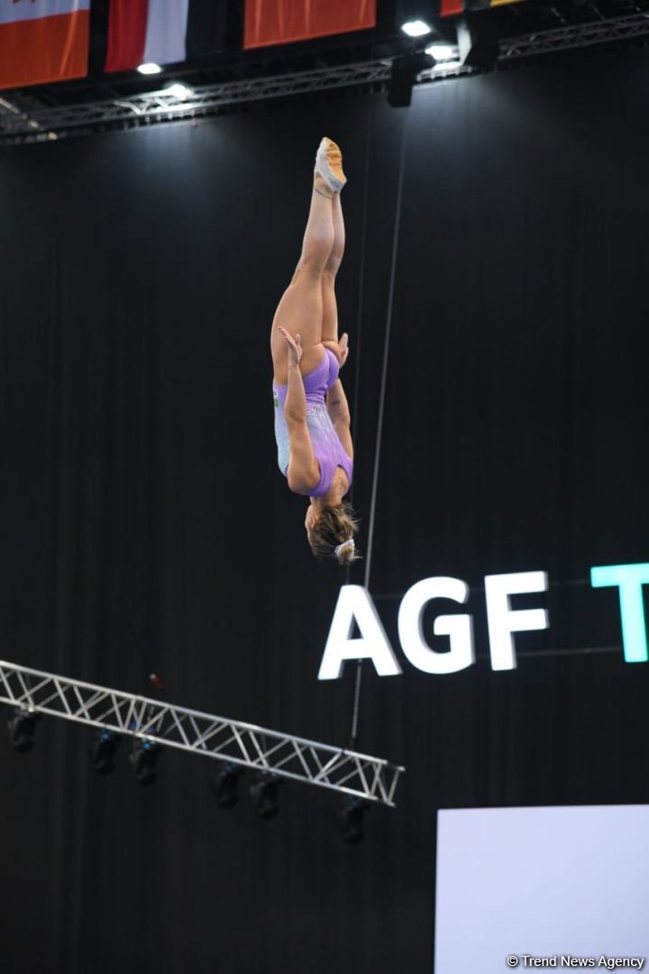 Milli Gimnastika Arenasında batut gimnastikası üzrə Dünya Kuboku iştirakçılarının podium məşqləri keçirilir (FOTOREPORTAJ)