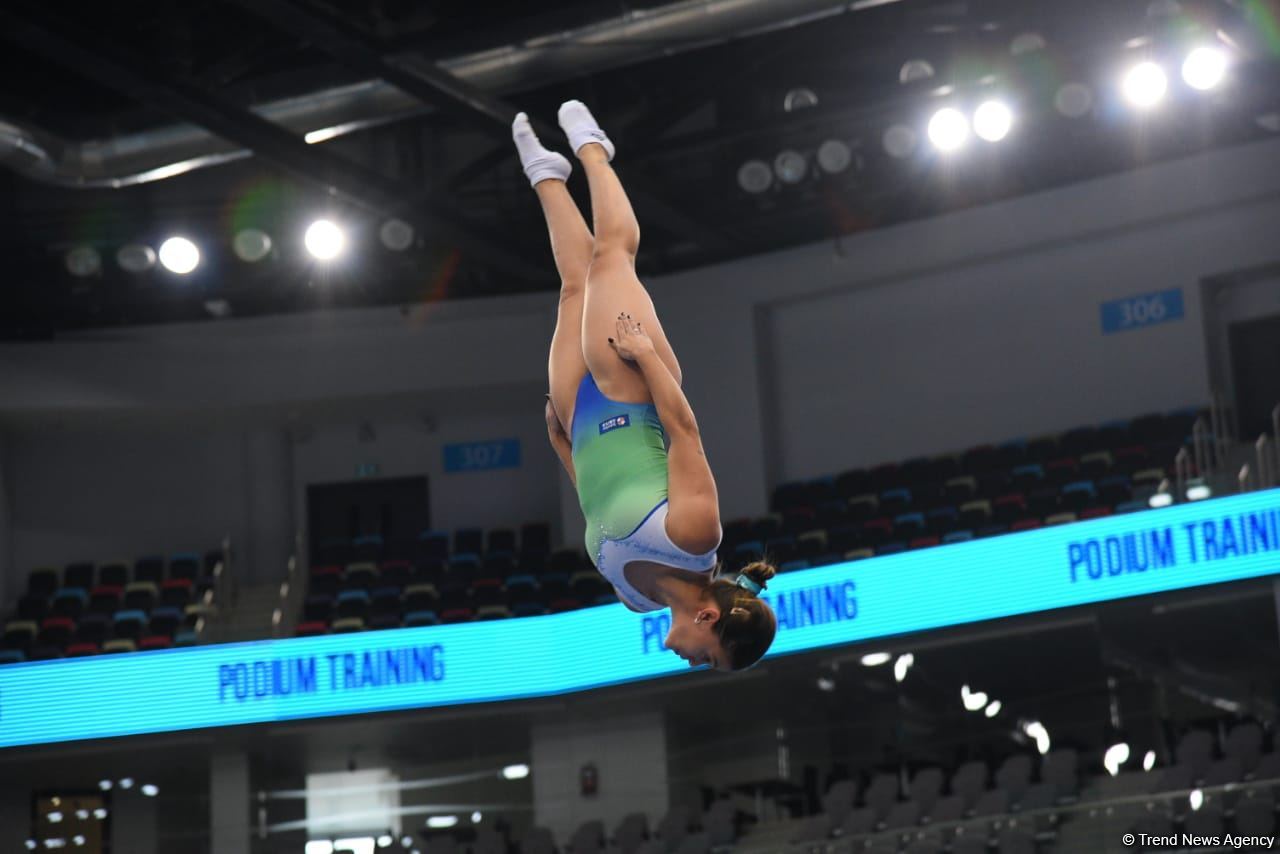 Milli Gimnastika Arenasında batut gimnastikası üzrə Dünya Kuboku iştirakçılarının podium məşqləri keçirilir (FOTOREPORTAJ)