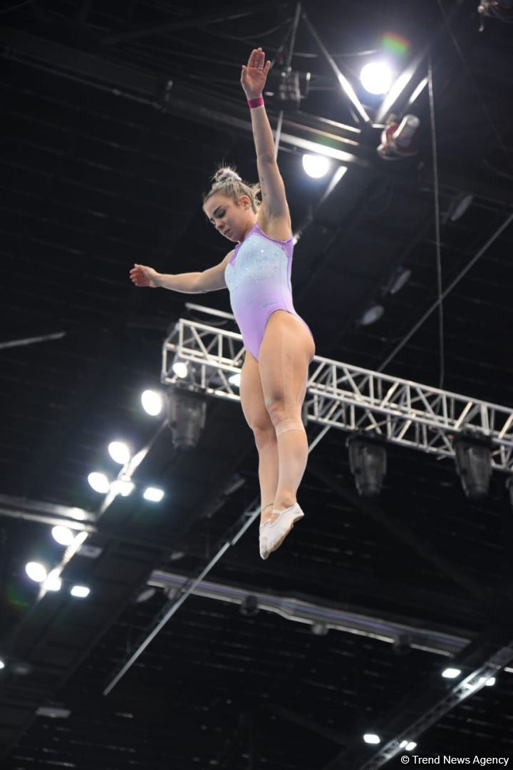 Milli Gimnastika Arenasında batut gimnastikası üzrə Dünya Kuboku iştirakçılarının podium məşqləri keçirilir (FOTOREPORTAJ)