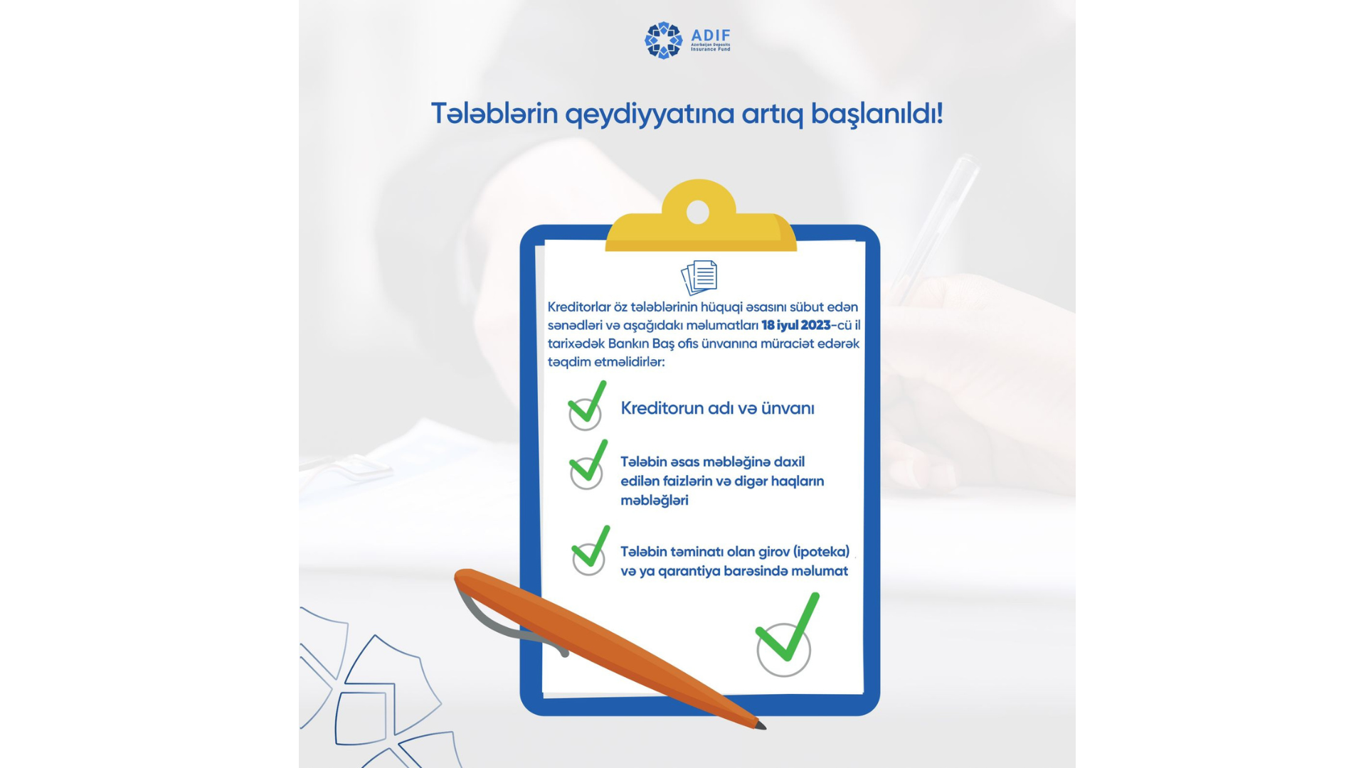 “Günay Bank”ın kreditorlarının tələblərinin qeydiyyatına başlanılıb
