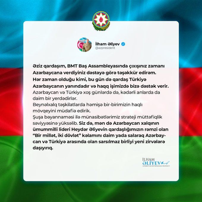 Prezident İlham Əliyev Rəcəb Tayyib Ərdoğana təşəkkür edib