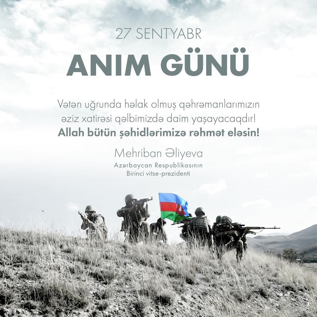 Birinci vitse-prezident Mehriban Əliyeva: Vətən uğrunda həlak olmuş qəhrəmanlarımızın əziz xatirəsi qəlbimizdə daim yaşayacaqdır! (FOTO)