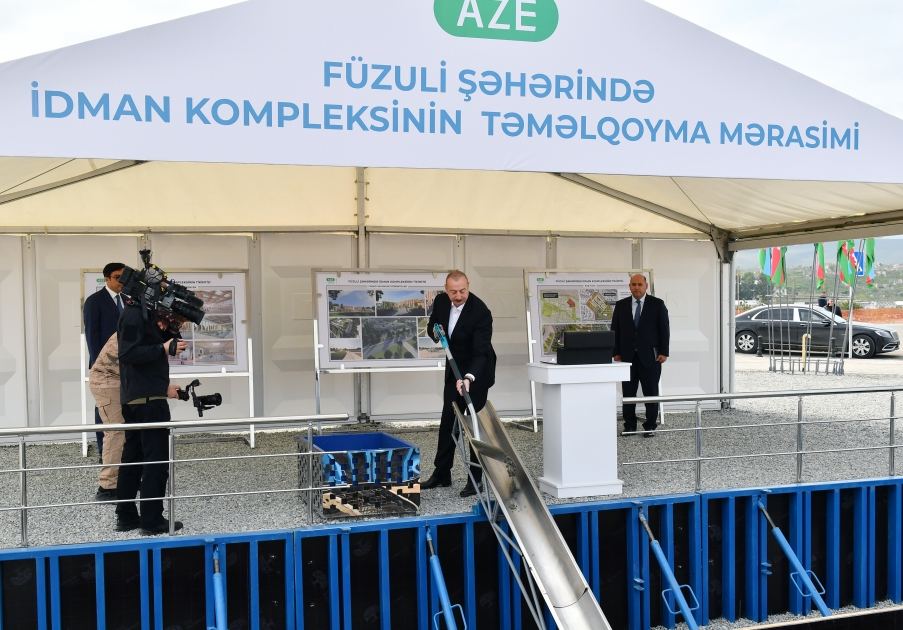 Prezident İlham Əliyev Füzuli şəhərində idman kompleksinin təməlini qoyub (FOTO) (YENİLƏNİB)