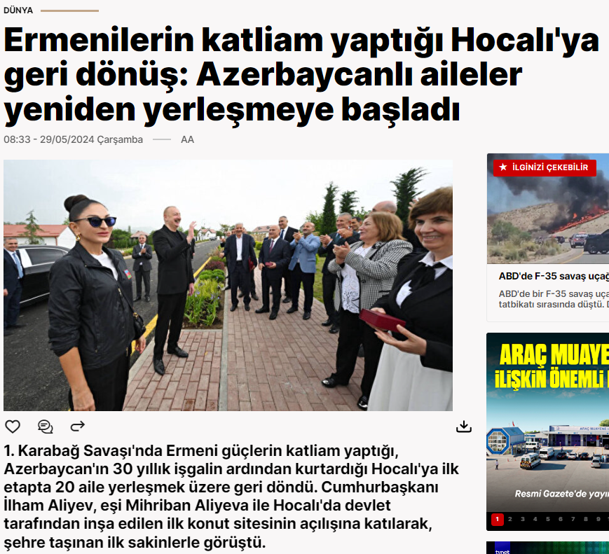 Prezident İlham Əliyev və Birinci xanım Mehriban Əliyevanın Xocalı səfəri Türkiyənin aparıcı media orqanlarının diqqət mərkəzində (FOTO)