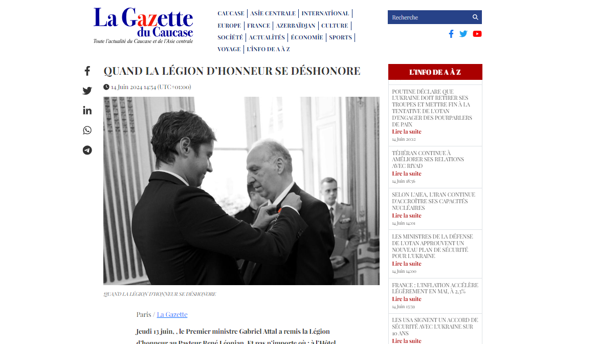 "La Gazette du Caucase" erməni pastorun təltif olunmasına dair həqiqəti açıb - Fransanın Fəxri Legion ordeni öz nüfuzunu itirir