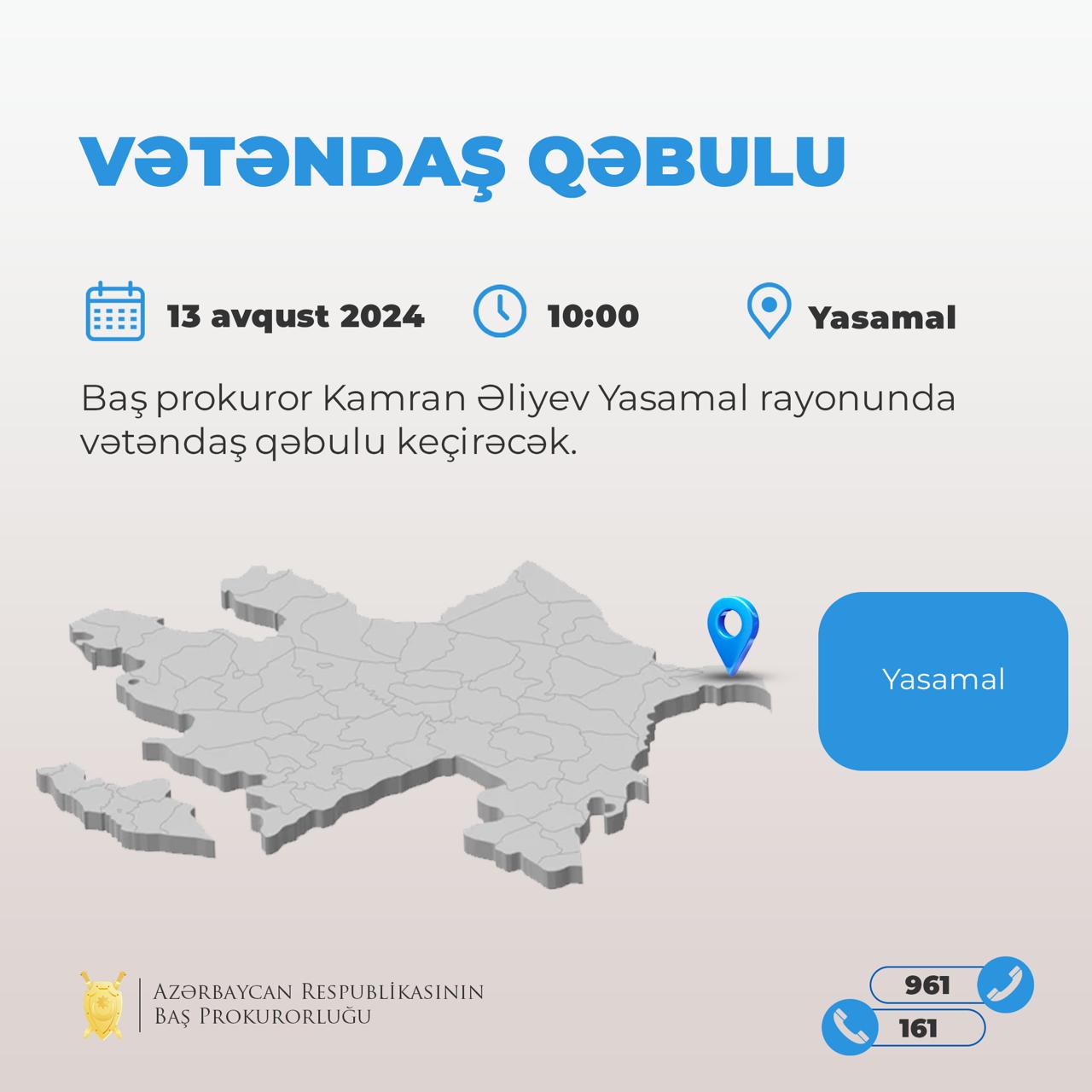 Kamran Əliyev Yasamalda vətəndaşları qəbul edəcək