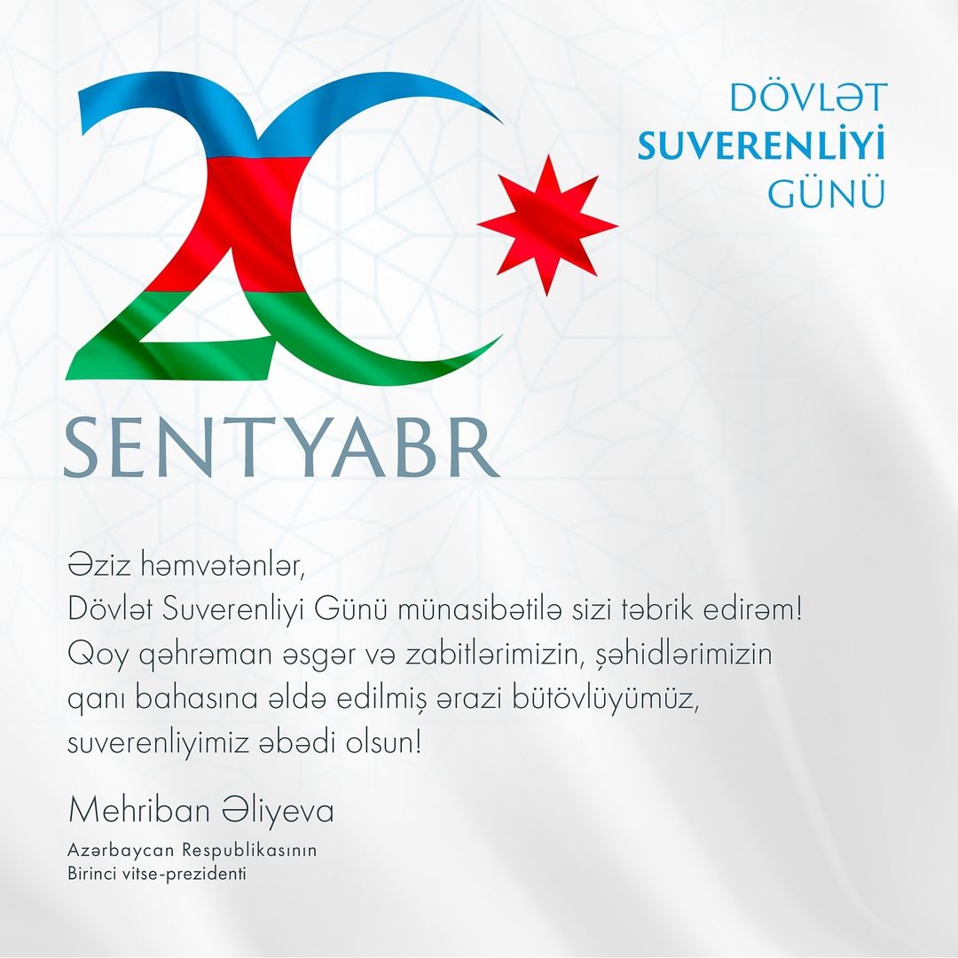 Birinci vitse-prezident Mehriban Əliyeva rəsmi "İnstagram" hesabında Dövlət Suverenliyi Günü ilə bağlı paylaşım edib (FOTO)