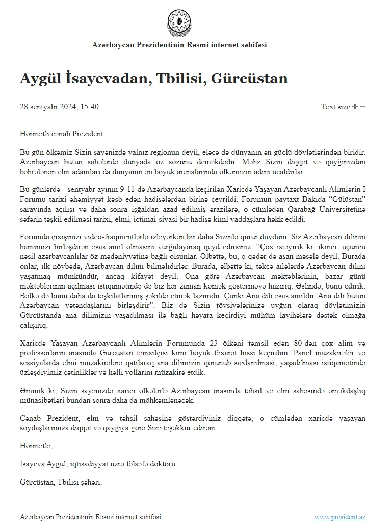 Xaricdə Yaşayan Azərbaycanlı Alimlərin Forumunun iştirakçıları Prezident İlham Əliyevə təşəkkür ediblər (FOTO)