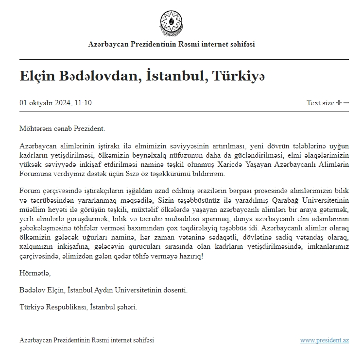 Xaricdə Yaşayan Azərbaycanlı Alimlərin Forumunun iştirakçıları Prezident İlham Əliyevə təşəkkür ediblər (FOTO)