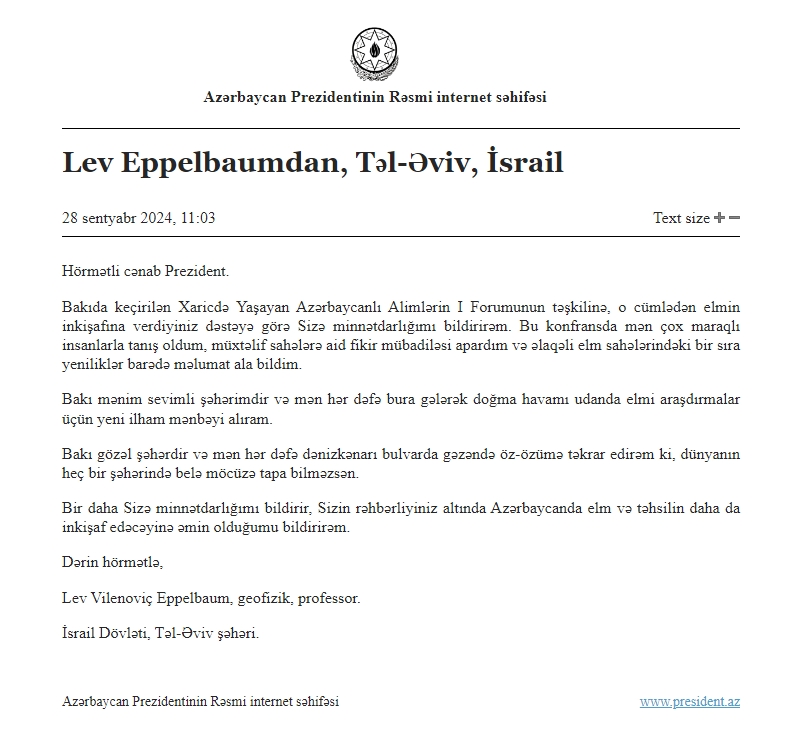 Xaricdə Yaşayan Azərbaycanlı Alimlərin Forumunun iştirakçıları Prezident İlham Əliyevə təşəkkür ediblər (FOTO)