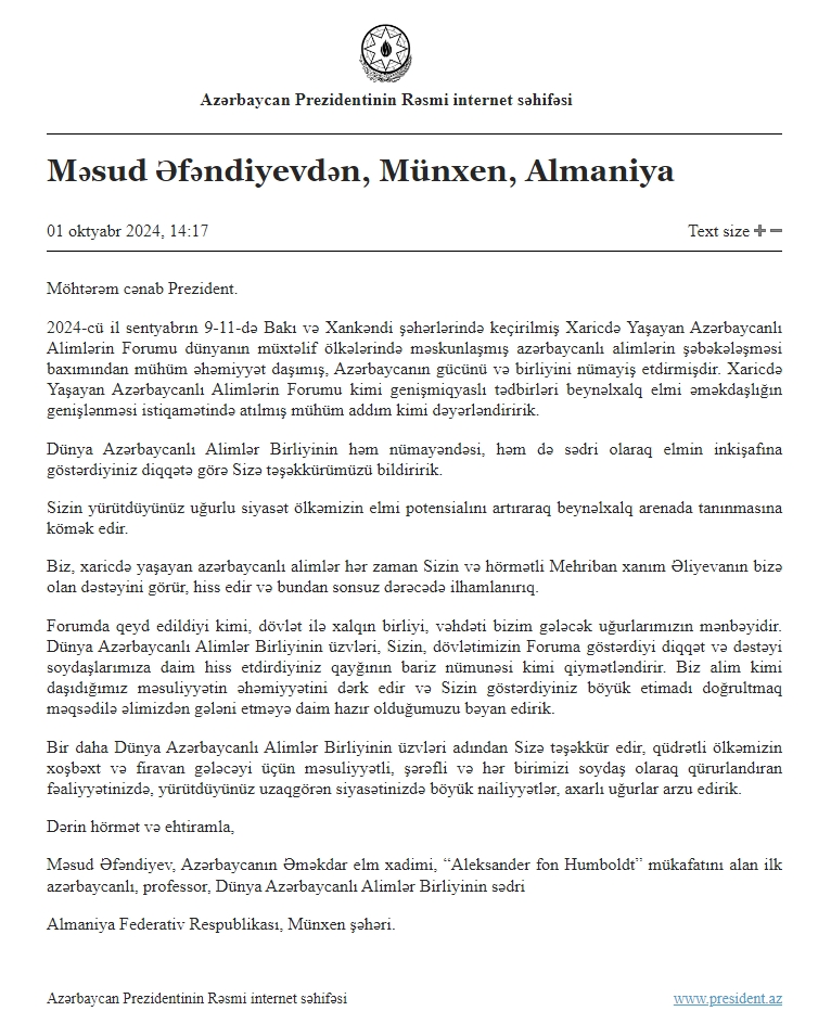 Xaricdə Yaşayan Azərbaycanlı Alimlərin Forumunun iştirakçıları Prezident İlham Əliyevə təşəkkür ediblər (FOTO)