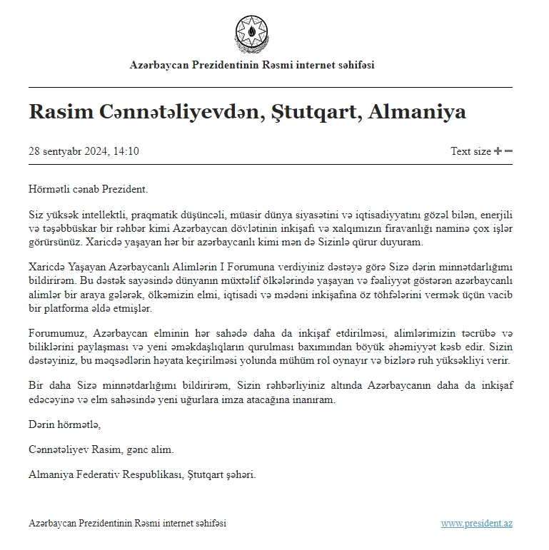 Xaricdə Yaşayan Azərbaycanlı Alimlərin Forumunun iştirakçıları Prezident İlham Əliyevə təşəkkür ediblər (FOTO)