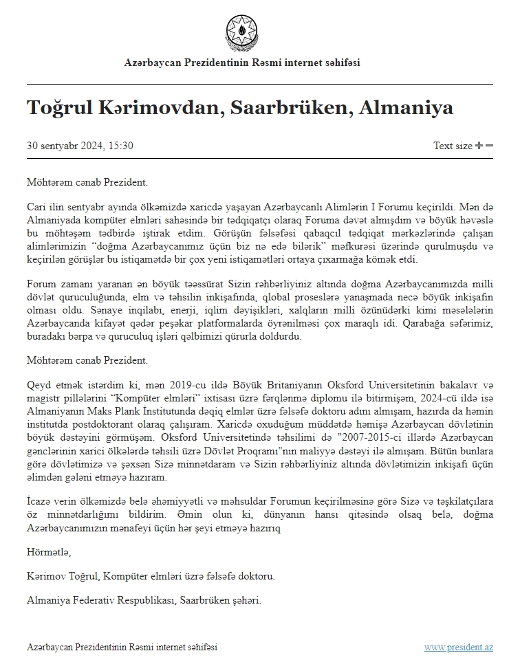 Xaricdə Yaşayan Azərbaycanlı Alimlərin Forumunun iştirakçıları Prezident İlham Əliyevə təşəkkür ediblər (FOTO)