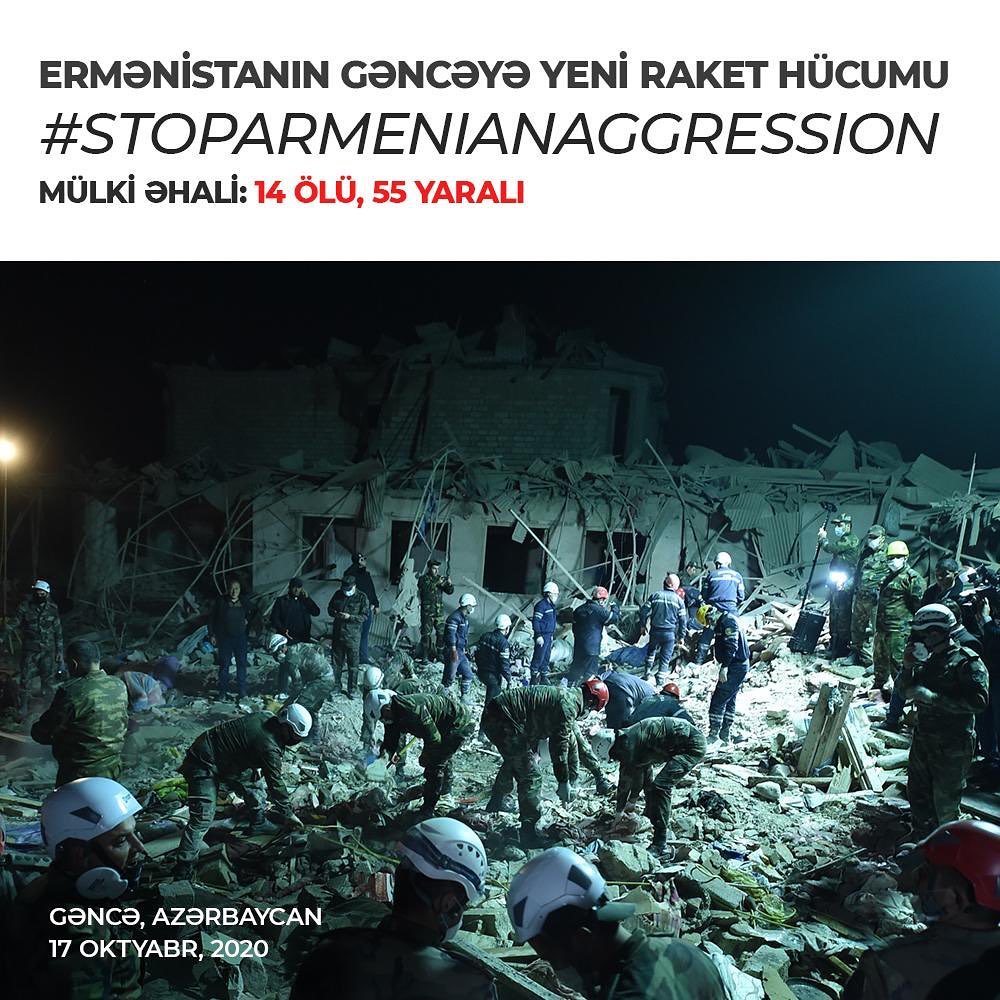 Zəfər xronikası. 17 oktyabr 2020-ci il: Birinci vitse-prezident Mehriban Əliyeva Ermənistanın Gəncədə törətdiyi terrorla bağlı paylaşım edib (FOTO)