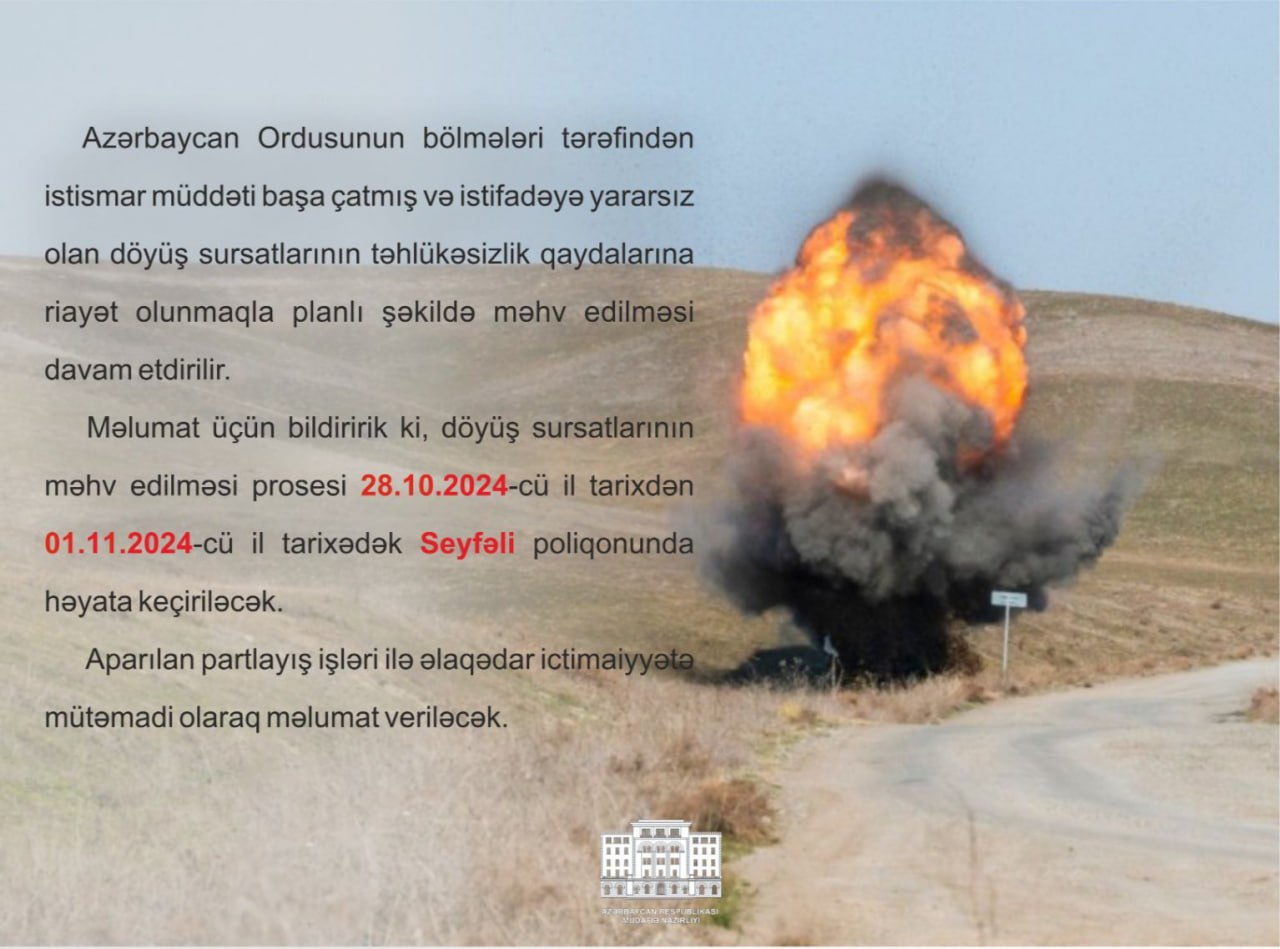 Sabah Seyfəli poliqonunda istifadəyə yararsız döyüș sursatları məhv ediləcək - MN