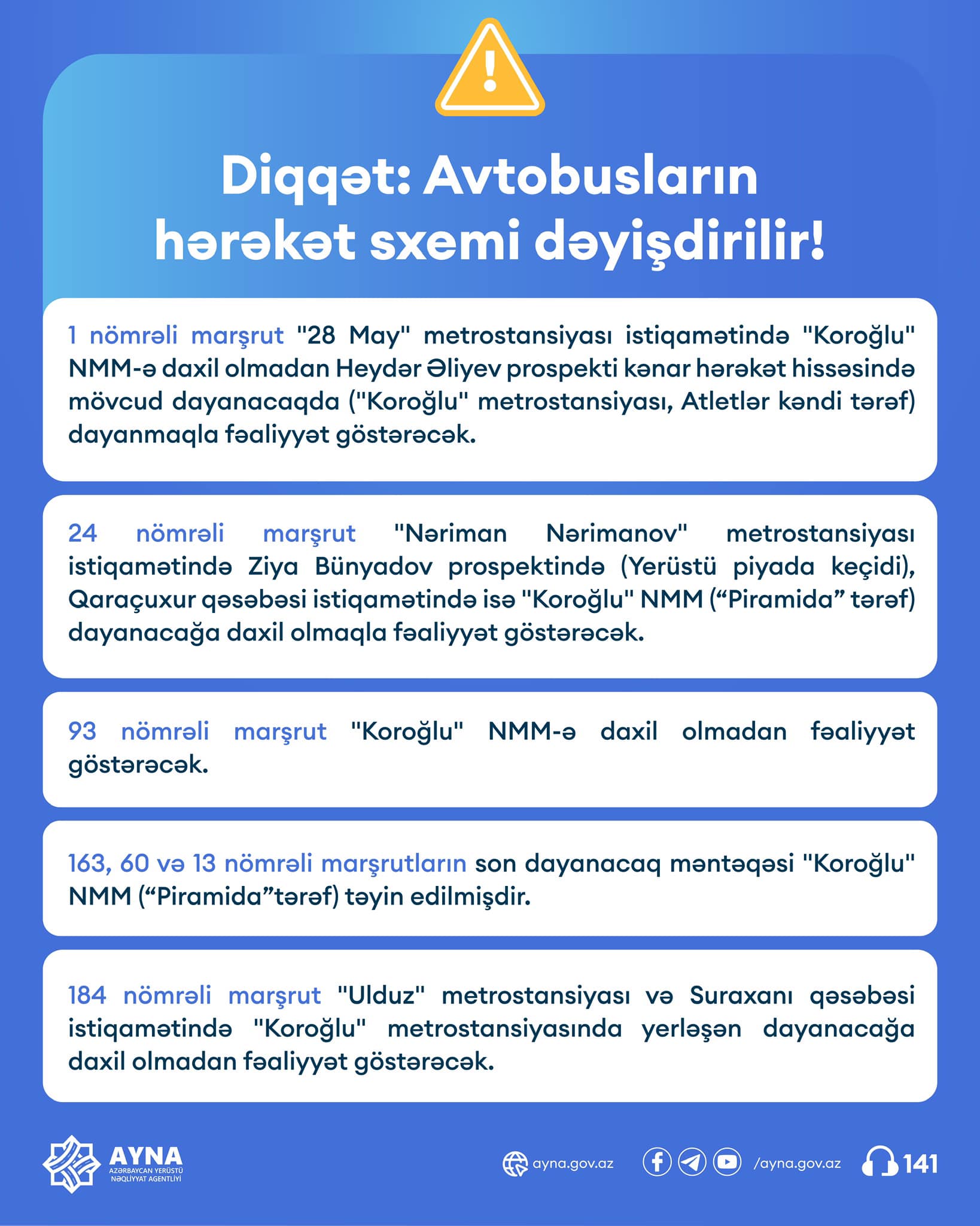 Bakıda bu yollar altı gün bağlı olacaq - 31 marşrutun hərəkət istiqaməti dəyişdirilir