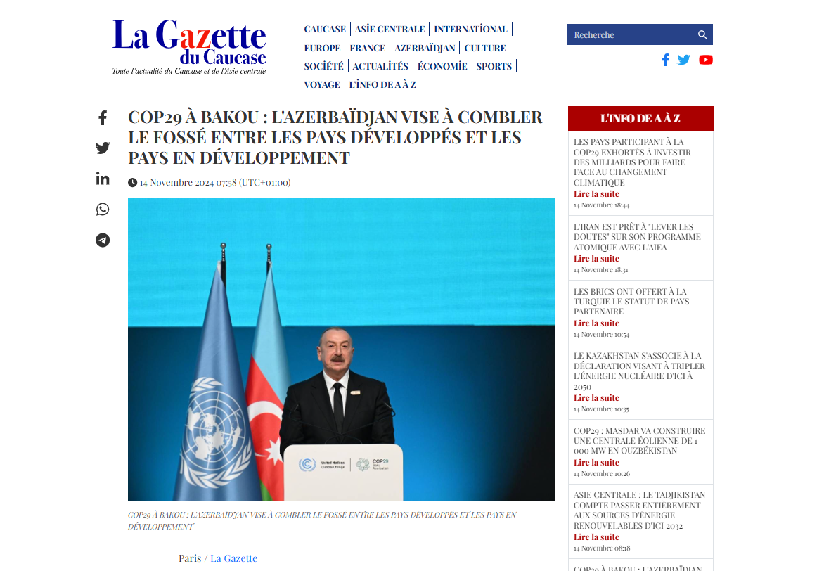 COP29 iqlim maliyyələşdirilməsinə, təsirin azaldılmasına və uyğunlaşmaya xüsusi diqqət yetirərək, kritik qlobal iqlim problemlərinin həllinə yönəlib - "La Gazette du Caucase"