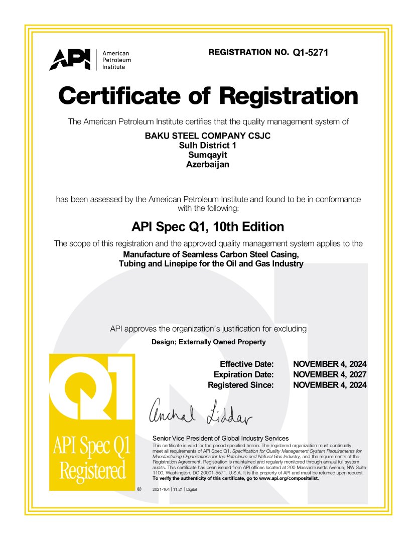 “Baku Steel Company” QSC Amerika Neft İnstitutunun sertifikatlaşdırmasını uğurla tamamlayıb (FOTO)