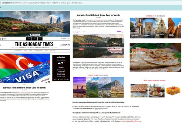 Ashgabattimes portalında Azərbaycanın turizm potensialı haqqında məqalə dərc edilib