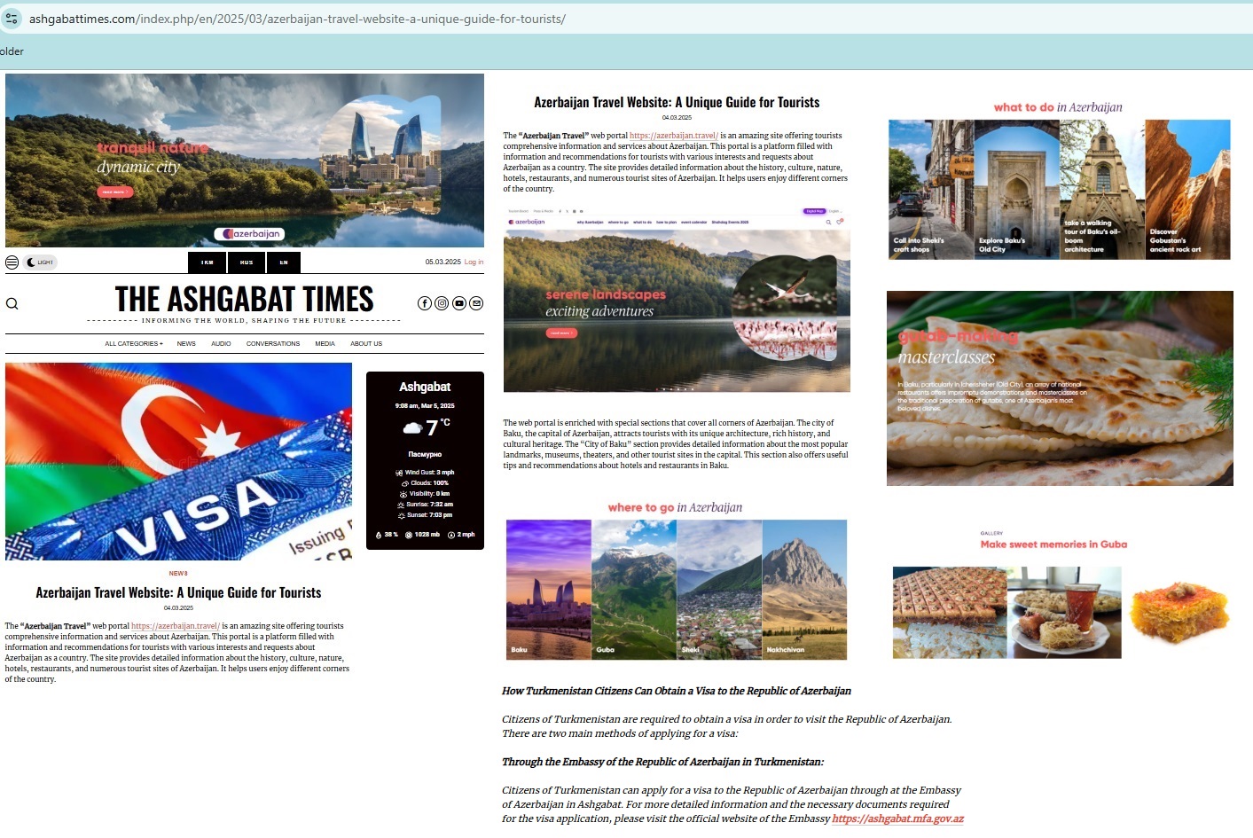 Ashgabattimes portalında Azərbaycanın turizm potensialı haqqında məqalə dərc edilib