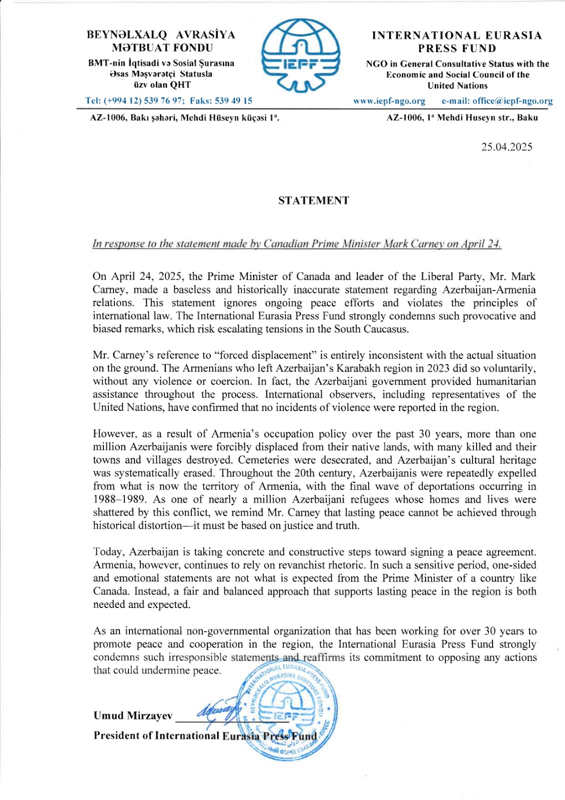 BAMF Kanadanın Baş nazirinin qərəzli fikirləri ilə bağlı bəyanat yayımladı (FOTO)