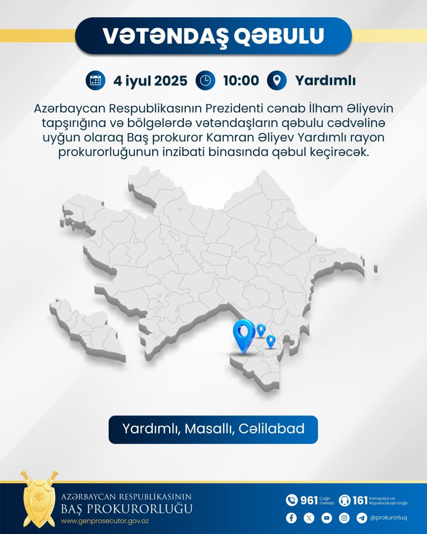 Baş prokuror Yardımlıda vətəndaşları qəbul edəcək