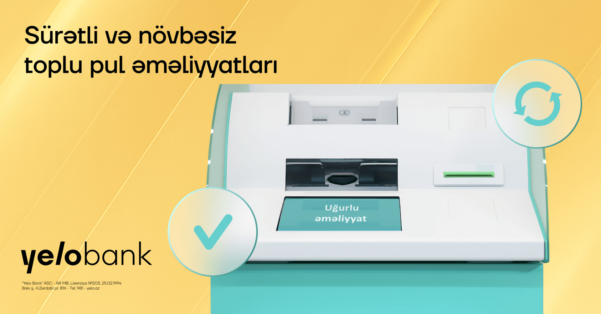 Yelo Bank müştərilərinin rahatlığı üçün toplu mədaxillər "KorpON" terminallarında