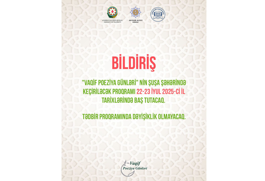 Vaqif Poeziya Günlərinin tarixi dəyişdirilib