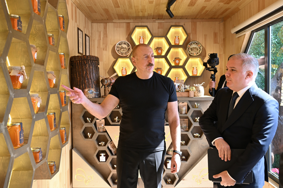 Prezident İlham Əliyev “Balland – Kəlbəcər balı, arı və arıçılıq məhsulları mağazası”nın açılışında iştirak edib (FOTO/VİDEO) (YENİLƏNİB)