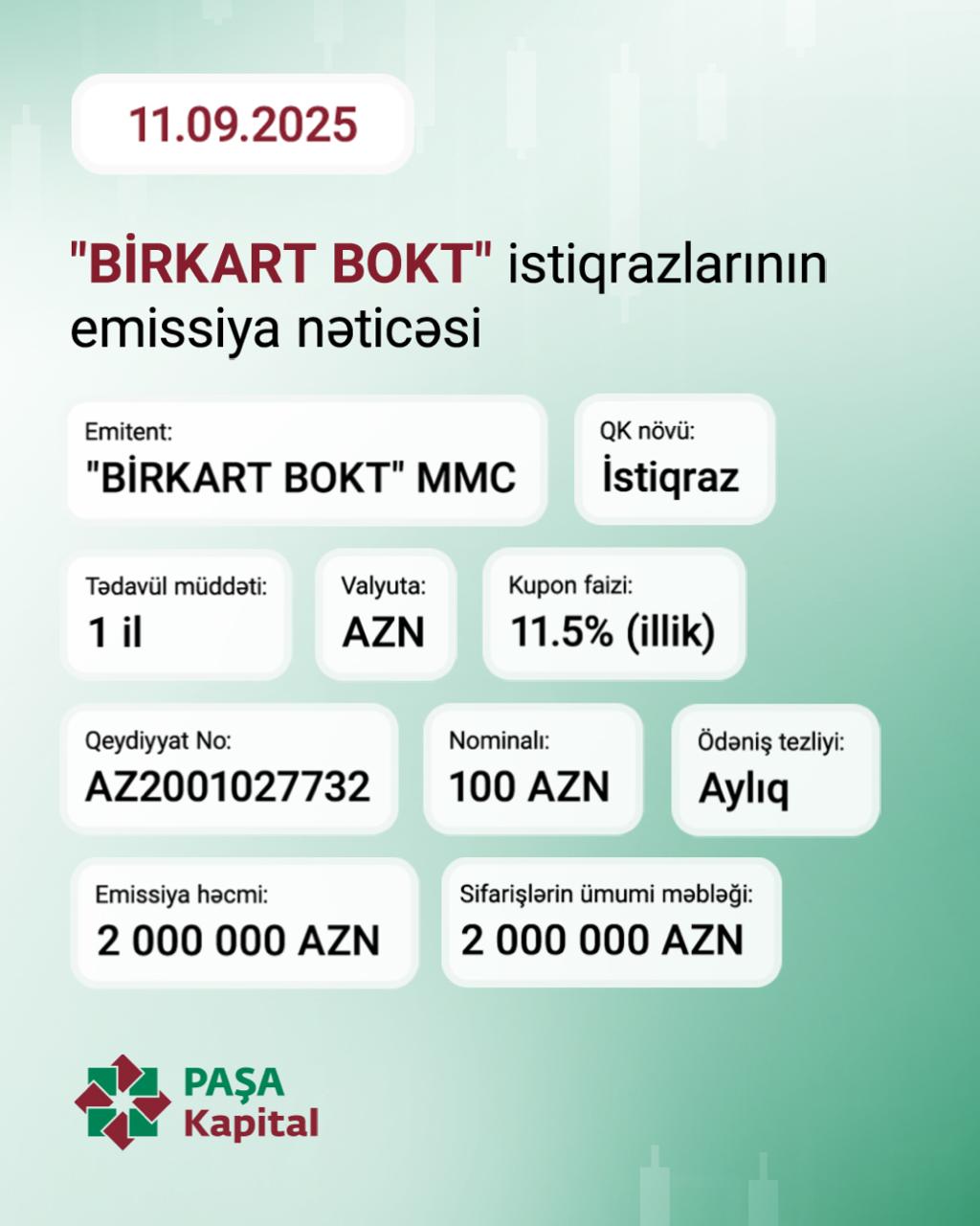 PAŞA Kapital "BirKart BOKT" MMC-nin 2 milyon manatlıq istiqraz emissiyasını uğurla həyata keçirdi