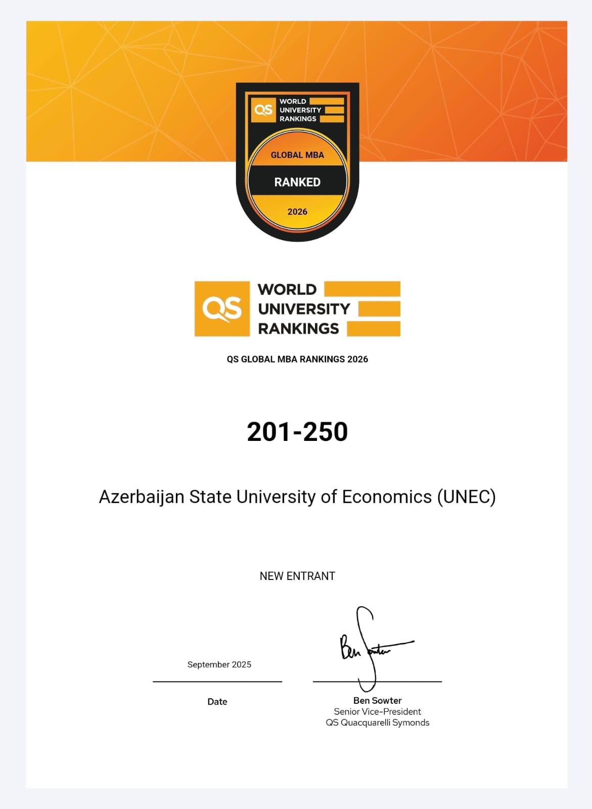 UNEC MBA dünyanın ən yaxşıları sırasında: QS MBA Rankings-də! (FOTO)