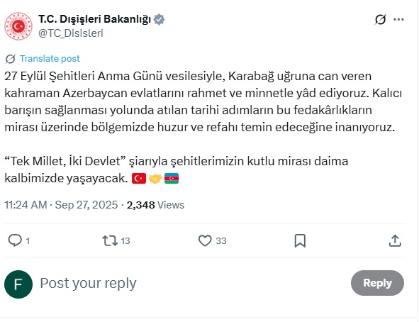 Türkiyə XİN 27 sentyabr Anım Günü ilə bağlı paylaşım edib (FOTO)
