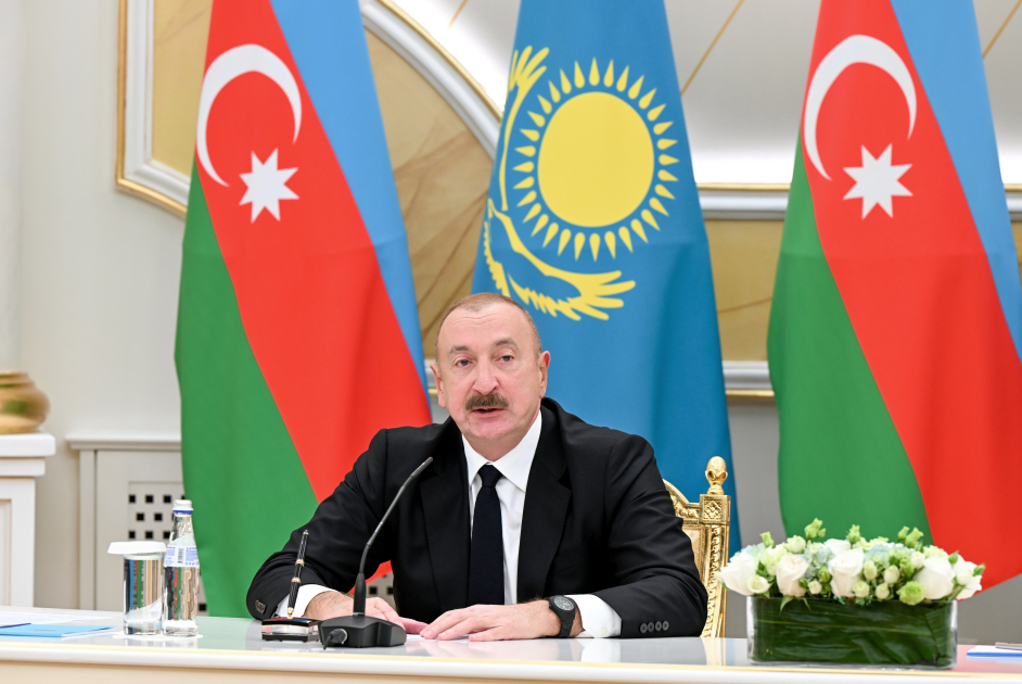 Prezident İlham Əliyev və Kasım-Jomart Tokayev mətbuata bəyanatlarla çıxış ediblər (FOTO)