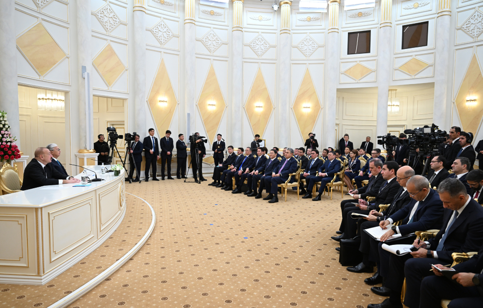 Prezident İlham Əliyev və Kasım-Jomart Tokayev mətbuata bəyanatlarla çıxış ediblər (FOTO)