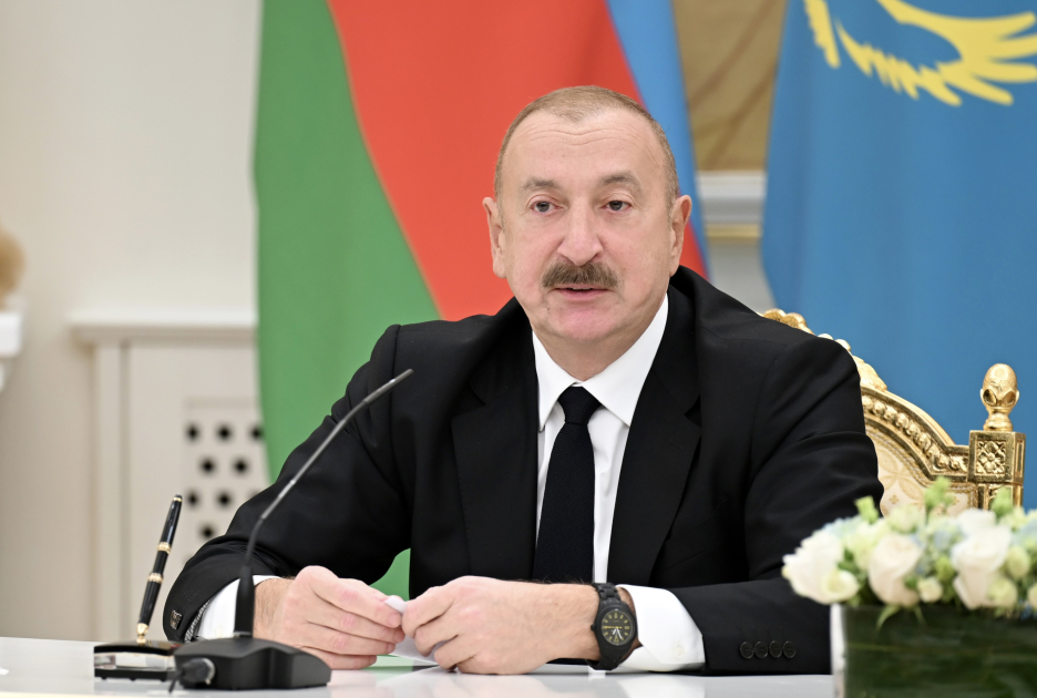 Prezident İlham Əliyev və Kasım-Jomart Tokayev mətbuata bəyanatlarla çıxış ediblər (FOTO)