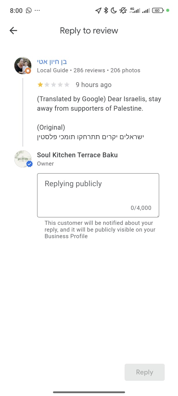 Bakıda məşhur restoranda Fələstin bayrağı mübahisəsi (FOTO)