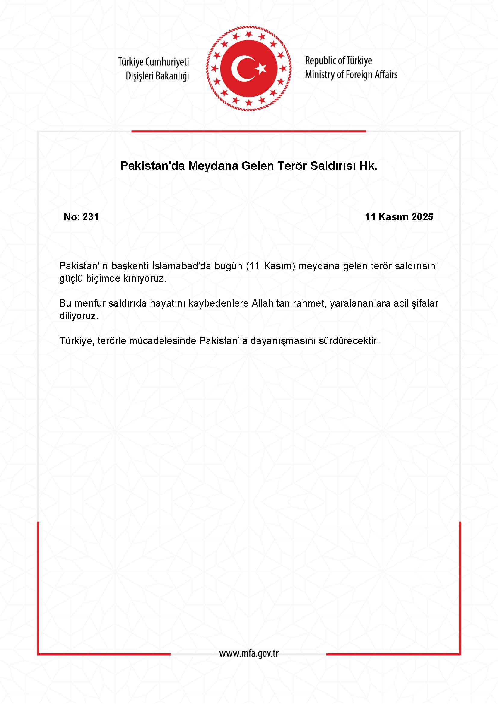 Türkiyə Pakistanda baş verən partlayışla bağlı başsağlığı verib