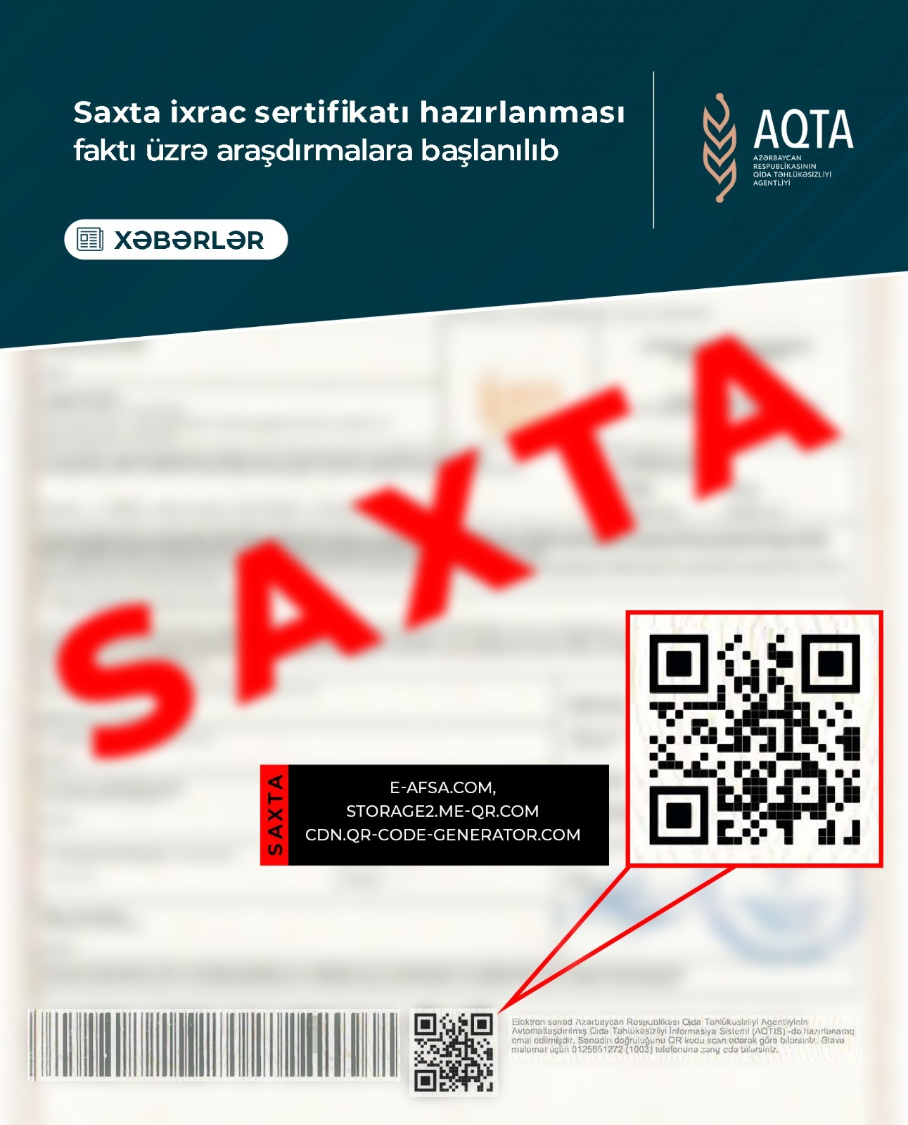 Saxta ixrac sertifikatı hazırlanması faktı üzrə araşdırmalara başlanılıb