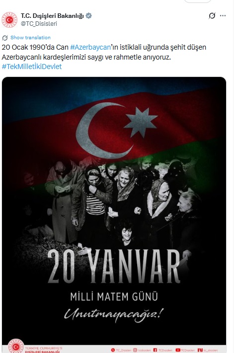 Türkiyə XİN 20 Yanvar şəhidlərinin xatirəsini anıb (FOTO)