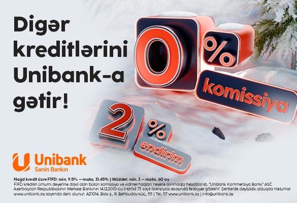 Unibankın 0 % komissiyalı, 2 % endirimli kredit kampaniyası davam edir