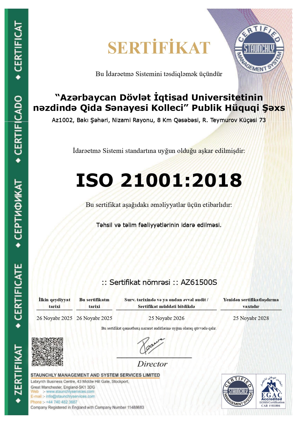 UNEC nəzdində Qida Sənayesi Kolleci beynəlxalq keyfiyyət standartları üzrə sertifikatlar əldə edib (FOTO)