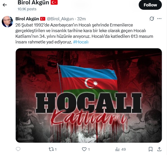 Türkiyə səfiri Xocalı soyqırımı ilə bağlı paylaşım edib (FOTO)