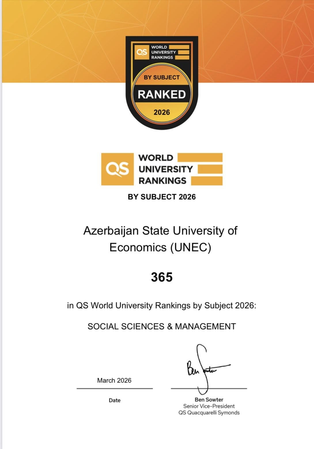 UNEC İqtisadiyyat üzrə dünyada 250-ci yerə yüksəldi! (FOTO)