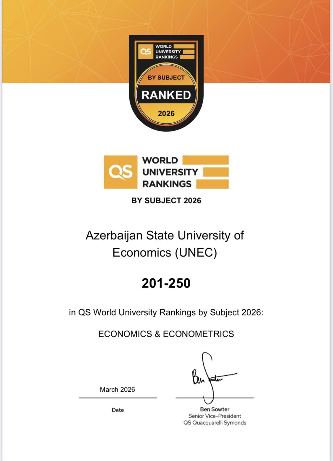 UNEC İqtisadiyyat üzrə dünyada 250-ci yerə yüksəldi! (FOTO)